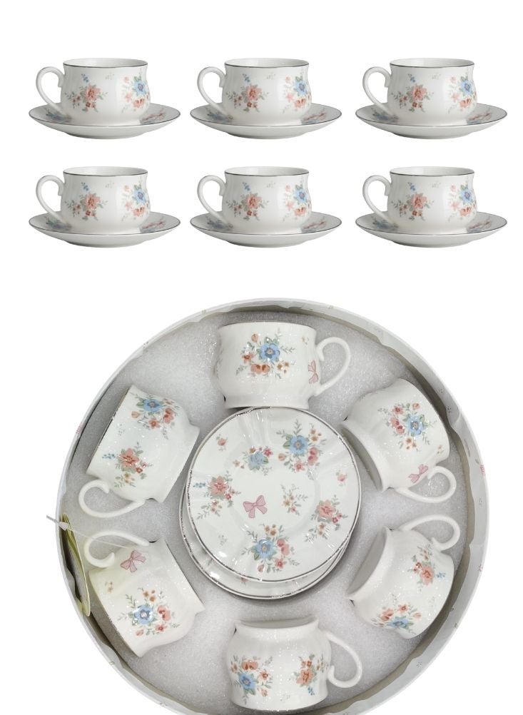 بريميم طقم فناجين وصحون شاي فاخر مزين بنقوش زهرية – ستة فناجين مع ستة صحون، تصميم من البورسلين الفاخر - Image 1